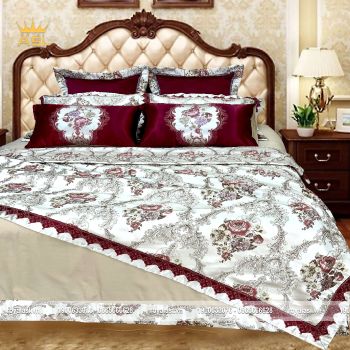 Bộ Chăn Ra Gối Luxury RoseSatin Gấm Lụa - Họa Tiết Hoa Văn Thêu Cách Điệu –Màu Hồng Xám-Bộ 8 Món-DR0112