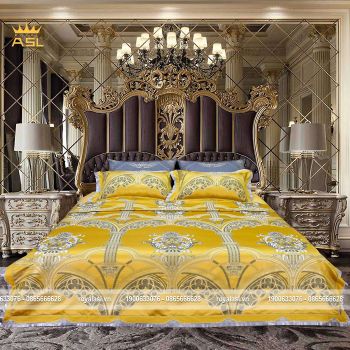 Bộ Chăn Ra Gối 6 món Satin Gấm Lụa Royal Gold phong cách Hoàng gia- Họa Tiết Hoa Văn Thêu Cách Điệu-Queen Size –Màu Vàng Xám -DR0113