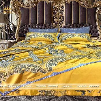 Bộ Drap Gối 6 món Satin Gấm Lụa Royal Gold phong cách Hoàng gia- Họa Tiết Hoa Văn Thêu Cách Điệu –Màu Vàng Xám -DR0114