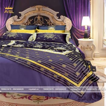 Bộ Ra Gối 8 món Satin Gấm Lụa Đế Vương Gold Dragon King - Họa Tiết Rồng Vàng-Màu Tím Vàng-King Size-DR0115