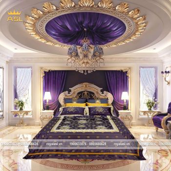 Bộ Ra Gối 8 món Satin Gấm Lụa Đế Vương Gold Dragon King - Họa Tiết Rồng Vàng-Màu Tím Vàng-King Size-DR0115