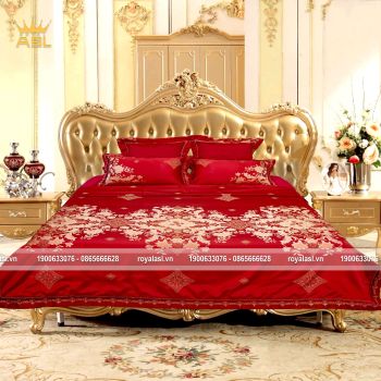 Bộ Chăn Ra Gối 6 món Cotton Lụa Đỏ Luxury Golden Red Cho Ngày Cưới Hoàn Mỹ - Hoa Văn Vàng Trắng-King Size-DR0117