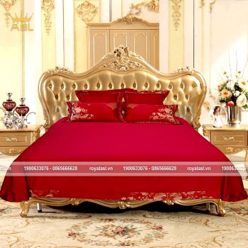 Bộ Chăn Ra Gối 6 món Cotton Lụa Đỏ Luxury Golden Red Cho Ngày Cưới Hoàn Mỹ - Hoa Văn Vàng Trắng-King Size-DR0117