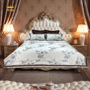 Bộ Drap Gối 6 Món Satin Gấm Lụa Xám Nâu Noble Silk Grey-Brown Sang Trọng –Họa Tiết Hoa Lá &Chim -King Size-DR0118