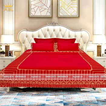 Bộ Drap Gối Cotton Lụa Đỏ 6 Món Luxury Bright Red Nổi Bật Sang Trọng - Họa Tiết Ren Vàng Viền-King Size-DR0122