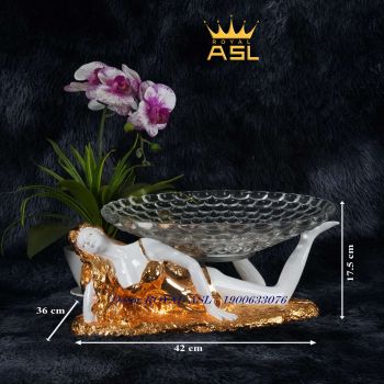 Khay Hoa Quả Pha Lê Thiếu Nữ Nằm Cạnh Cọp Quyến Rũ- Màu Ánh Vàng - DTT0005