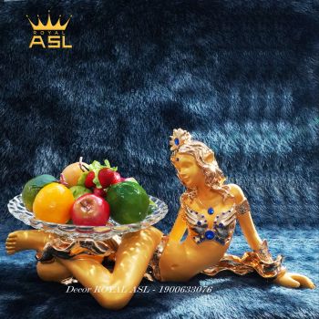 Đĩa Trang Trí Thủy Tinh, Thiếu Nữ Đội Vương Miện Nằm Gợi Cảm- Màu Vàng Đồng  - DTT0008