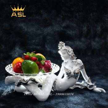 Đĩa Trái Cây Thủy Tinh Nghệ Thuật Thiếu Nữ Đội Vương Miện Nằm Gợi Cảm - Màu Trắng Bạc - DTT0010