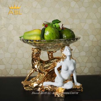Đĩa Trái Cây Thủy Tinh Nghệ Thuật, Thiếu Nữ Ngồi Quyến Rũ - Màu Vàng –DTT0012