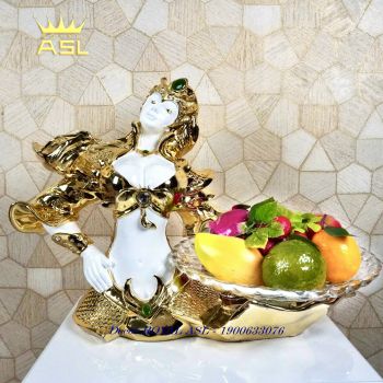 Đĩa Thủy Tinh Đựng Trái Cây Nghệ Thuật Nữ Tướng Hoa Mộc Lan - Màu Vàng Tươi- Đính đá xanh lá - DTT0015B