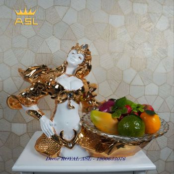 Đĩa Trái Cây Nghệ Thuật Nữ Tướng Hoa Mộc Lan - Màu Vàng Đồng-Đính Hạt Đá Trắng - DTT0015