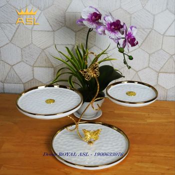 Khay Trái Cây, Bánh Kẹo 3 Tầng Ấn Tượng- Màu Trắng Men Vân Có Gợn Sóng - DTT110