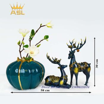 Combo Decor Cặp Nai Và Bình Hoa Gốm Cao Cấp - Màu Xanh Lục - HN066