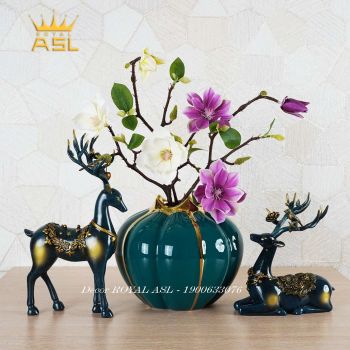 Combo Decor Cặp Nai Và Bình Hoa Gốm Cao Cấp - Màu Xanh Lục - HN066
