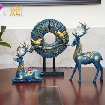 Bộ Hươu Nai Và Đĩa Đôi Chim Hút Tài Lộc - Màu Xanh Lục - HN073