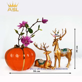 Cặp Nai Và Bình Hoa Gốm Cao Cấp - Màu Cam - HN074