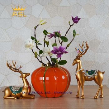 Cặp Nai Và Bình Hoa Gốm Cao Cấp - Màu Cam - HN074