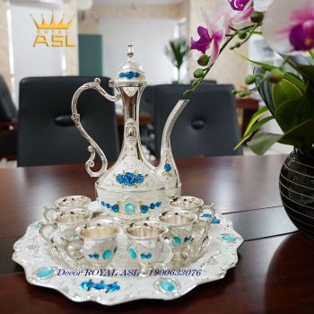 Set Bộ Ấm Trà Họa Tiết Hoa Hồng, Phong Cách Tân Cổ Điển -Bộ 8 món- Màu Trắng Bạc-PK0001