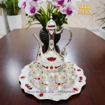 BỘ ẤM TRÀ TÂN CỔ ĐIỂN HỌA TIẾT HOA HỒNG ĐỎ- MÀU TRẮNG BẠC-8 MÓN– PK0003