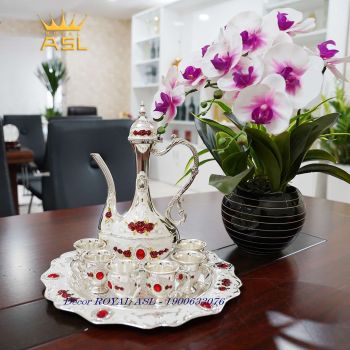 BỘ ẤM TRÀ TÂN CỔ ĐIỂN HỌA TIẾT HOA HỒNG ĐỎ- MÀU TRẮNG BẠC-8 MÓN– PK0003