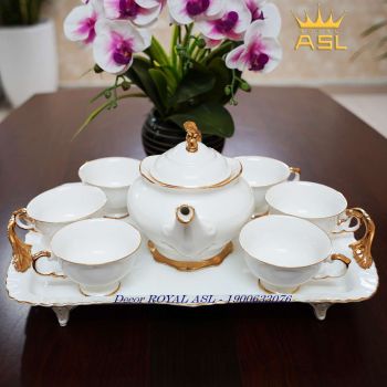 Bộ Ấm Trà Sứ Trắng Viền Vàng Cao Cấp - 8 món - 220ml - PK07