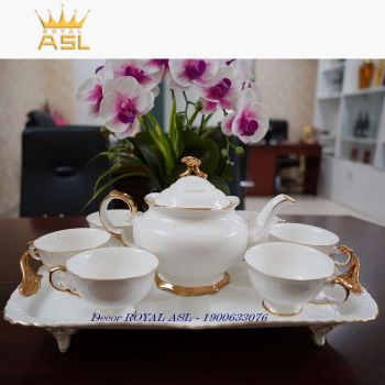 Bộ Ấm Trà Sứ Trắng Viền Vàng Cao Cấp - 8 món - 220ml - PK07