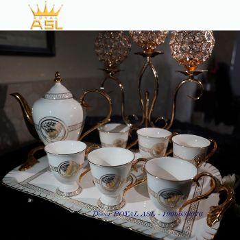 Bộ Ấm Trà Sứ Trắng VERSACE Cao Cấp - Phong Cách Bắc Âu - Khay Đế Thấp – 8 món - PK08