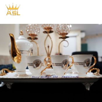 Bộ Ấm Trà Sứ Trắng VERSACE Cao Cấp - Phong Cách Bắc Âu - Khay Đế Thấp – 8 món - PK08