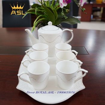 Bộ Ấm Trà Gốm Sứ Cao Cấp- Trắng Gợn Sóng-180ml-8 món-Mã: PK10