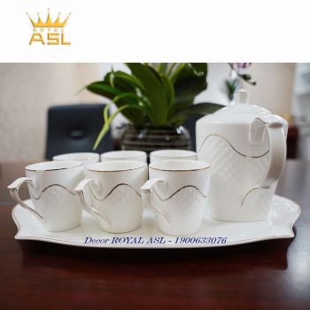 Bộ Ấm Trà Gốm Sứ Cao Cấp- Trắng Gợn Sóng-180ml-8 món-Mã: PK10