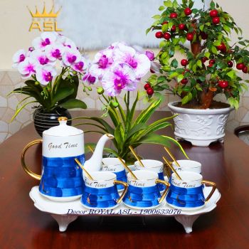 Bộ Bình Trà Gốm Sứ Bắc Âu Cao Cấp -Cốc Bầu- Màu Trắng Xanh-220ml-8 món - PK11-1A