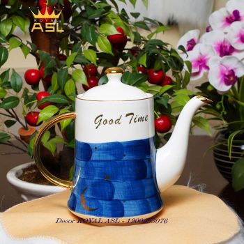 Bộ Bình Trà Gốm Sứ Bắc Âu Cao Cấp -Cốc Bầu- Màu Trắng Xanh-220ml-8 món - PK11-1A