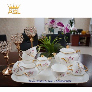 Bộ Ấm Trà Sứ Hoa Đào Trắng Vàng Sang Chảnh - Bộ 10 Món - PK214
