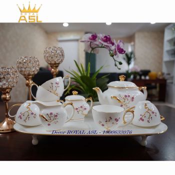 Bộ Ấm Trà Sứ Hoa Đào Trắng Vàng Sang Chảnh - Bộ 10 Món - PK214