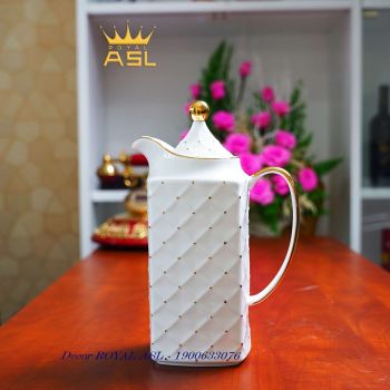 Set Ấm Trà Sứ Cao Cấp Phong Cách Bắc Âu - Trắng Chấm Bi Vàng Quý Phái - Bộ 8 Món - PK216