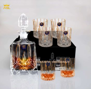 ⚜️Bộ Bình 6 Ly Uống Rượu Tây Whisky Thủy Tinh Kiểu Pháp-Họa Tiết Mài Nổi Kim Cương Chạy Chỉ Vàng -PL0100