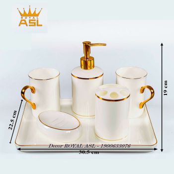 Bộ Cốc Sứ Nhà Tắm Cao Cấp-Trắng Viền Vàng - 350ML-6 món- PT01