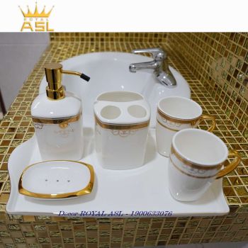 Set Cốc Sứ Nhà Tắm Cao Cấp Hoa Văn Ấn Tượng- Trắng Hoa Văn Vàng - 380 ml - 6 món - PT02