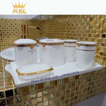 Set Cốc Sứ Nhà Tắm Cao Cấp Hoa Văn Ấn Tượng- Trắng Hoa Văn Vàng - 380 ml - 6 món - PT02