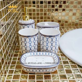 Set Cốc Sứ Nhà Tắm Cao Cấp Họa Tiết Oval Ấn Tượng 380ml - Màu Xanh - 5 món - PT03