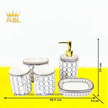 Set Cốc Sứ Nhà Tắm Cao Cấp Họa Tiết Oval Ấn Tượng 380ml - Màu Xanh - 5 món - PT03