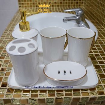 Bộ Cốc Sứ Nhà Tắm Cao Cấp-400ml- Trắng Viền Chỉ Vàng - 6 món - PT04