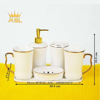 Bộ Cốc Sứ Nhà Tắm Cao Cấp-400ml- Trắng Viền Chỉ Vàng - 6 món - PT04