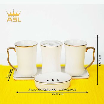 Bộ Cốc Sứ Nhà Tắm Cao Cấp -Trắng viền vàng-Bộ 5 Món-400ml- PT05