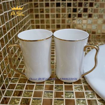 Bộ Cốc Sứ Nhà Tắm Cao Cấp -Trắng viền vàng-Bộ 5 Món-400ml- PT05