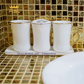Set Cốc Sứ Nhà Tắm Cao Cấp 400ml-Trắng Viền Chỉ Vàng -4 món - PT06