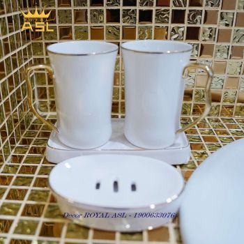 Set cốc sứ nhà tắm cao cấp -400ml- Bộ 4 Món - Màu Trắng Viền Chỉ Vàng - PT07