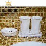 Set cốc sứ nhà tắm cao cấp -400ml- Bộ 4 Món - Màu Trắng Viền Chỉ Vàng - PT07