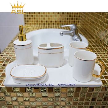 Bộ Cốc Sứ Nhà Tắm Cao Cấp 380ml- Màu Trắng Viền Chỉ Vàng - 6 Món - PT09