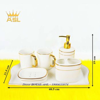 Bộ Cốc Sứ Nhà Tắm Cao Cấp 380ml- Màu Trắng Viền Chỉ Vàng - 6 Món - PT09